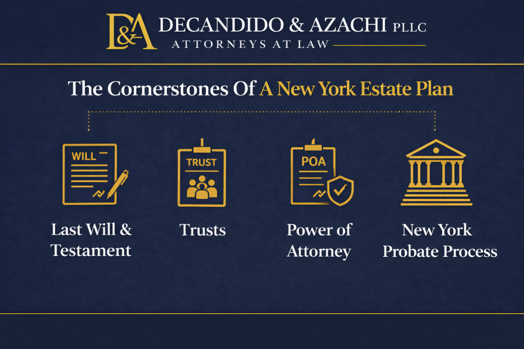 Infographic titled “The Cornerstones of a New York Estate Plan” featuring icons for Last Will and Testament, Trusts, Power of Attorney, Health Care Proxy and Living Will, and the New York Probate Process with DeCandido & Azachi PLLC branding.