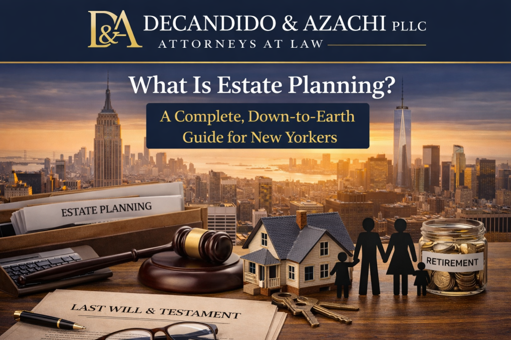 Estate planning blog header with NYC skyline, legal documents, family icons, and DeCandido & Azachi PLLC branding.