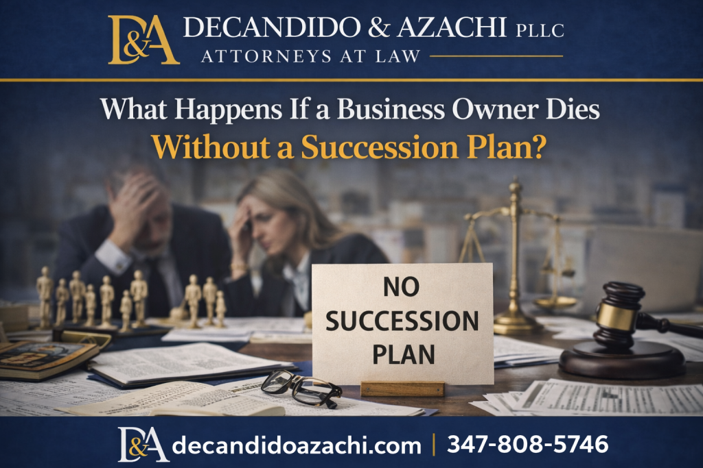 Header image for the blog “What Happens If a Business Owner Dies Without a Succession Plan?” showing legal documents, a gavel, business papers, and the DeCandido & Azachi PLLC branding with website decandidoazachi.com and phone number 347-808-5746.