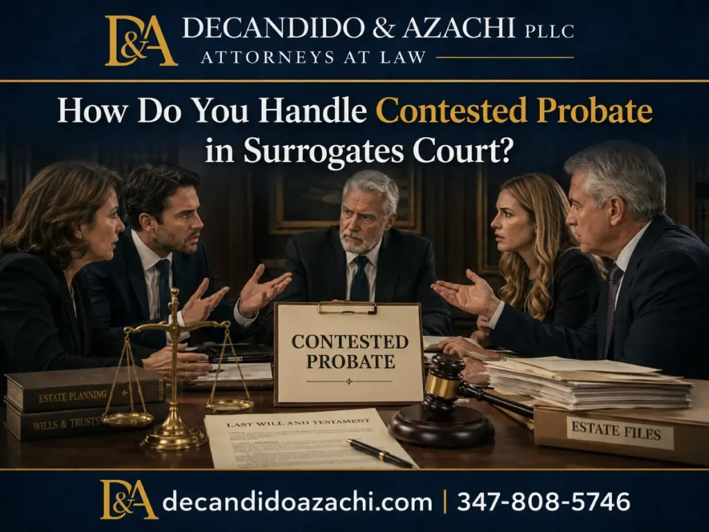 Branded DeCandido & Azachi PLLC graphic showing a contested probate dispute with attorneys and family members seated around estate documents, a gavel, scales of justice, and a sign reading “Contested Probate” for a Surrogate’s Court blog.